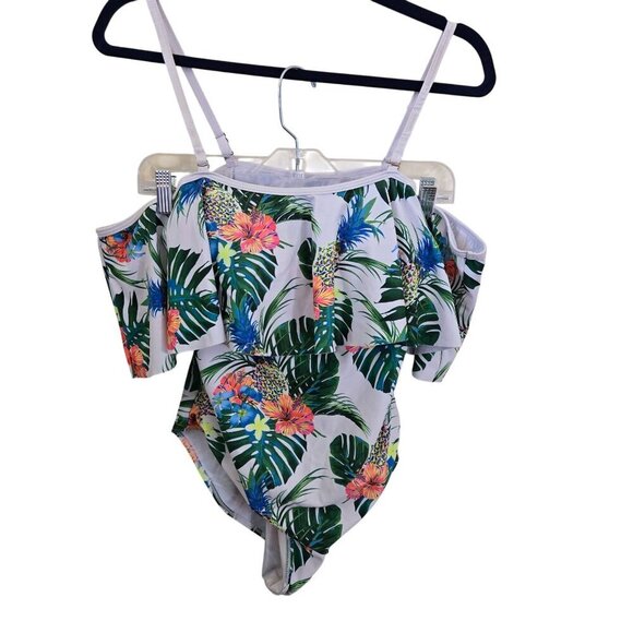 Tempt Me White Pineapple Tropical Off Shoulder Flounce One Piece Swimsuit Size L - Picture 2 of 7